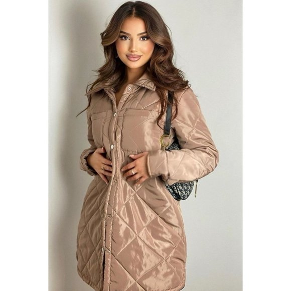 Brown Quilted Long Sleeve Collared Padded Coat - Picture 6 of 16